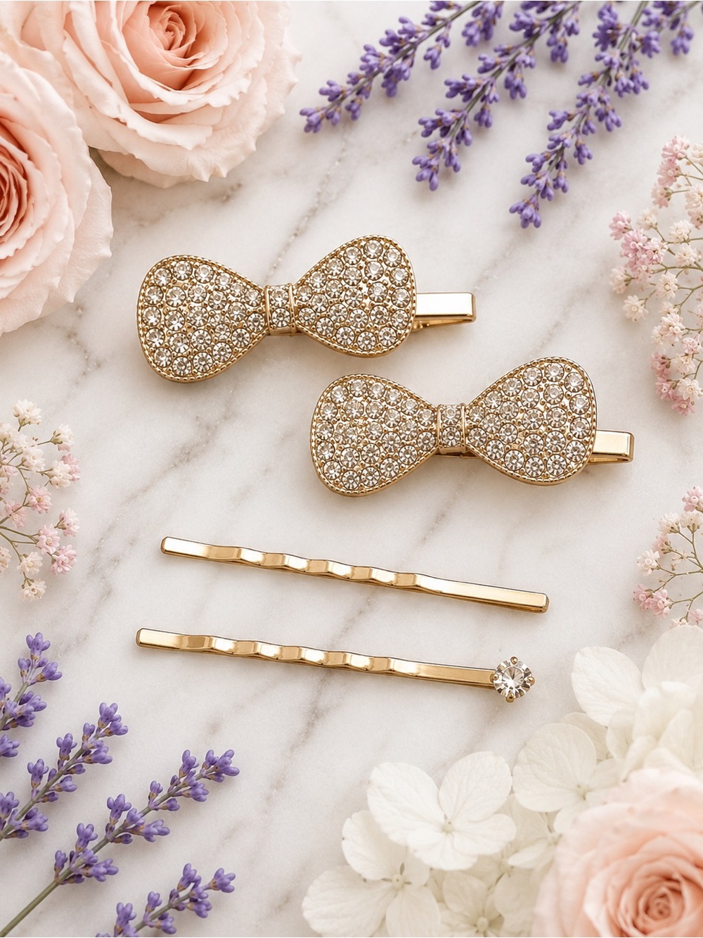 Rhinestone Bow Hair Clip Set Gold Crystal Bridal Flower Girl Hair Accessories